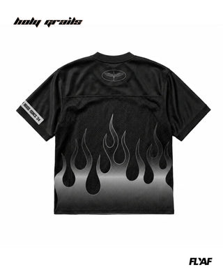 'FLYAF 24 Flame Jersey' Black Mesh Motif Printed Oversize Tee HG x FLYAF - Back
