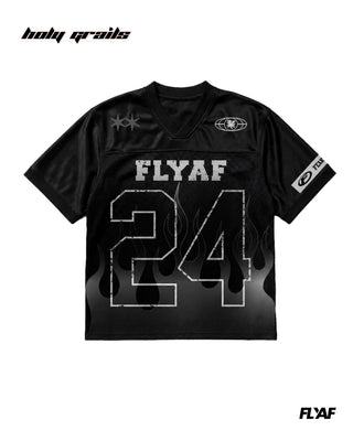 'FLYAF 24 Flame Jersey' Black Mesh Motif Printed Oversize Tee HG x FLYAF - Front