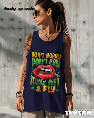 Female in Street Style 'Smoke Weed & Fly' 180 GSM 100% Cotton Navy Blue Sleeveless Vest HG x Trip Tribe - Front