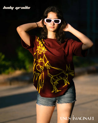 Girl in Streetwear Style 'Strike' Maroon Red 240 GSM 100% Cotton Oversize Graphic Tee HG x Unus Imaginari - Front