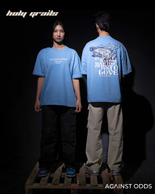 Girl & Guy in Streetwear Style 'Clock' Sky Blue Puff Print 240 GSM 100% Cotton Oversize Tee HG x Against Odds - Front & Back