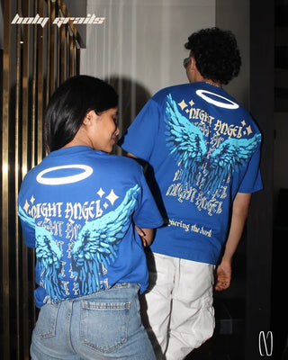 Girl & Guy in Streetwear Style 'Night Angel' Blue Oversize Graphic 260 GSM French Terry Cotton Tee HG x Noctura - Back