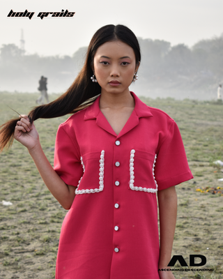 Girl in Streetwear Style 'Gulab' Pink Oversized 250 GSM Luxury Fabric Shirt  - Front On Beach