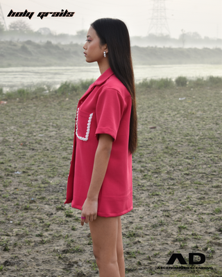 Girl in Streetwear Style 'Gulab' Pink Oversized 250 GSM Luxury Fabric Shirt  - Side 2 On Beach