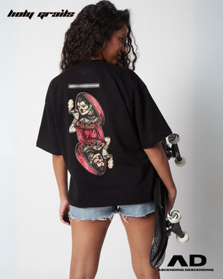 Girl in Streetwear Style 'Hukkum Ki Rani' Black Oversized 250GSM French Terry Knit Cotton T-Shirt  - Back