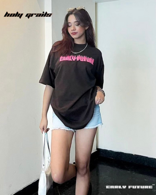 Girl in Streetwear Style 'Not A Pink Panther' Cacoa Brown Oversized 230 GSM Terry Cotton T-Shirt - Front