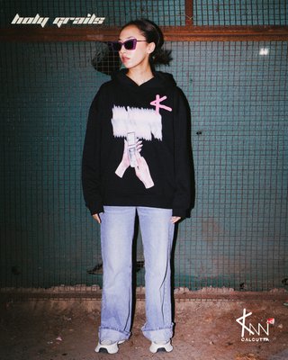 Girl in Streetwear Style 'Y2KNN' Black 400 GSM Cotton Fleece Hoodies - Front in black Shades