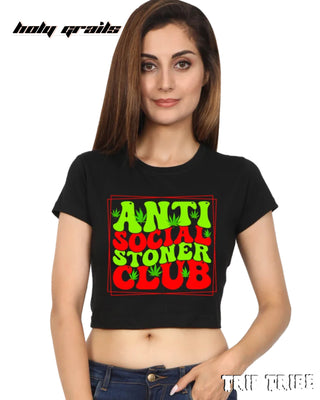 Girl in Street Style 'Anti Social Stoner' Black 180 GSM 100% Cotton Graphic Crop Top HG x Trip Tribe - Front