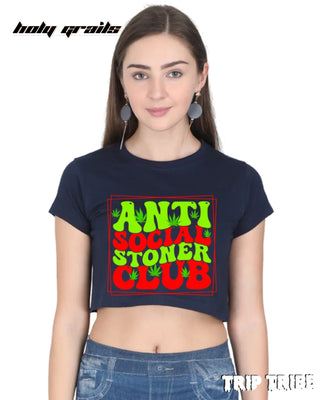 Girl in Street Style 'Anti Social Stoner' Navy Blue 180 GSM 100% Cotton Graphic Crop Top HG x Trip Tribe - Front