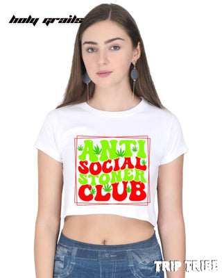 Girl in Street Style 'Anti Social Stoner' White 180 GSM 100% Cotton Graphic Crop Top HG x Trip Tribe - Front