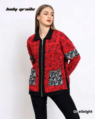 Girl in Street Style 'Gulrang' Red 350 GSM 100% Cotton Fleece Embroidery Varsity Jacket HG x One0eight - Front Closed
