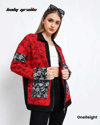 Girl in Street Style 'Gulrang' Red 350 GSM 100% Cotton Fleece Embroidery Varsity Jacket HG x One0eight - Front Open