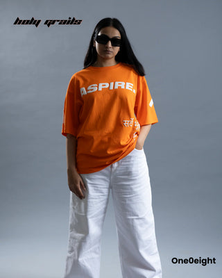 Girl in Street Style 'Maryada' Orange Premium 280 GSM French Terry Cotton 3D & Puff Printed Oversize Tee HG x One0eight - Front Full