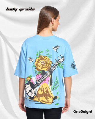 Girl in Street Style 'Raag Aur Rang' Blue 240 GSM French Terry Cotton Screen & Puff Printed Oversize Tee HG x One0eight - Back