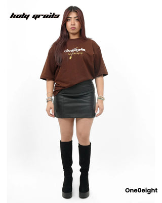 Girl Standing in Street Style 'Veer Abhimanyu The Legacy of Valor' Brown 240 GSM French Terry Cotton Gold Wash Oversize Tee - Front Full