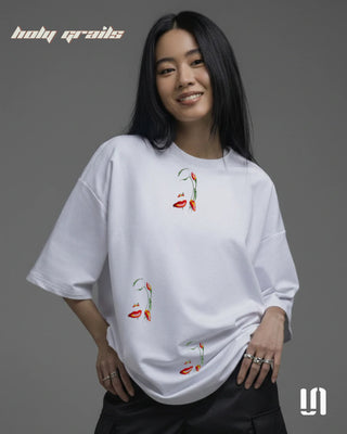 Girl in Street Style 'White Flower Face' 240 GSM Premium 100% Cotton Printed Oversized Tee HG x Sullitt - Front 1