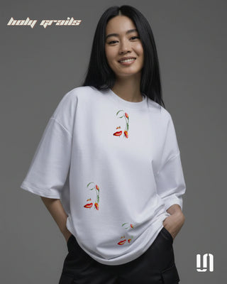 Girl in Street Style 'White Flower Face' 240 GSM Premium 100% Cotton Printed Oversized Tee HG x Sullitt - Front 2