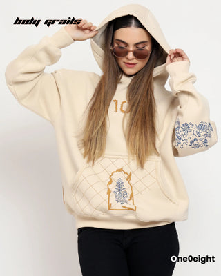 Girl in Street Style 'Yin-Yang A Dance of Opposites' Beige 350 GSM 100% Cotton Fleece Block Print Oversize Hoodie - Front