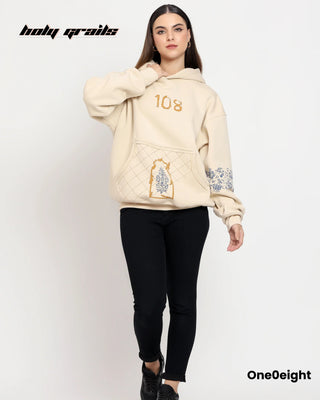 Girl in Street Style 'Yin-Yang A Dance of Opposites' Beige 350 GSM 100% Cotton Fleece Block Print Oversize Hoodie - Front Full