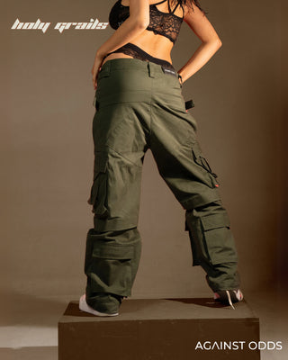 Girl in Streetwear Style 'Dk Green' 320 GSM 100% Cotton Baggy Cargo Pant HG x Against Odds - Back