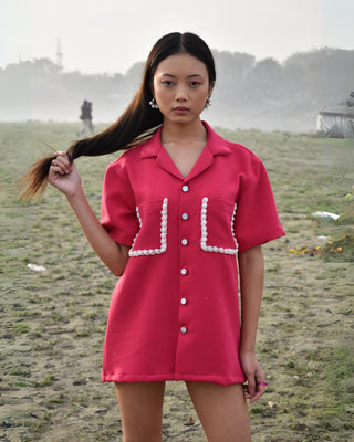 Girl in Streetwear Style 'Gulab Pink Shirt' while playing with her hair - Front