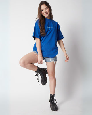 Girl in Streetwear Style 'Magic Mushroom' Blue Oversized 250GSM French Terry Knit Cotton T-Shirt  - Front Paired With Blue Denim