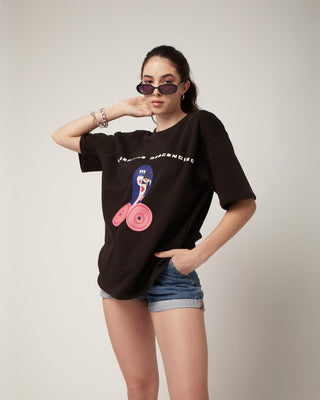 Girl in Streetwear Style 'Not Your Regular Vanilla' Black Oversized 250GSM French Terry Knit Cotton T-Shirt  - Front