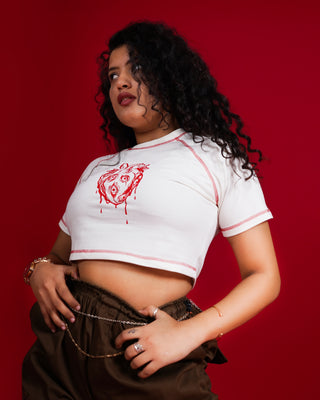 Girl in Streetwear Style 'Red Heart' White French Terry Cotton 240 GSM Crop Top - Front