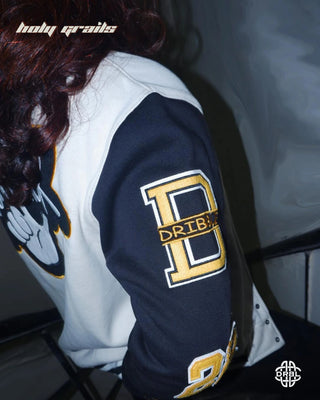 Girl in Streetwear Style 'Rich Loner x Vanilla Beige' White Cotton Mix Oversize Varsity Jacket HG x DRBL - Back Side Close