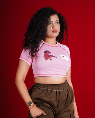 Girl in Streetwear Style 'The Dinos' Pink French Terry Cotton 240 GSM Crop Top - Front