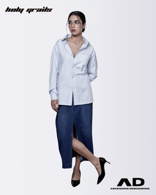 Woman wearing a 'Boardroom Bleu' Sky Blue Cotton Full Sleeve Stripes Shirt and dark blue skirt - Front Full