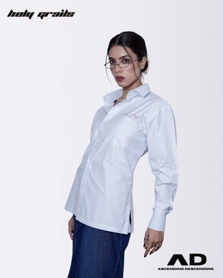Girl wearing a 'Boardroom Bleu' Sky Blue Cotton Full Sleeve Stripes Shirt HG x AD - Front Side