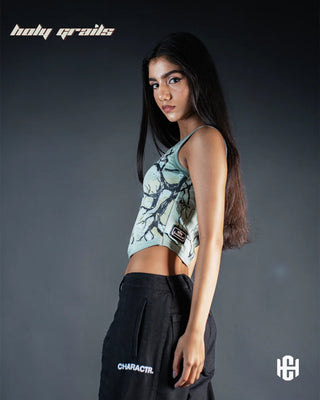 Girl in 'Earthen Bloom' Blue 100% Lightweight Cotton Sleeveless Relaxed Fit Crop Top HG x Charactr - Side