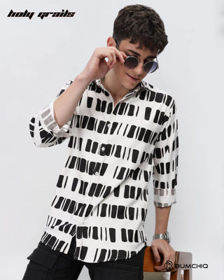 Guy Holding Chair in Streetwear 'Black Box Abstract' White Imported Fabric Full Sleeve Slim Fit Shirt HG x Bumchiq - Front