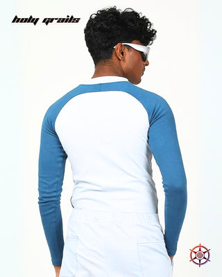 Guy In Streetwear Style 'Arctic Wave'  Blue White 300 GSM Cotton Lycra 1x1 Ribbed Knit Keyhole Top HG x Duskin - Back