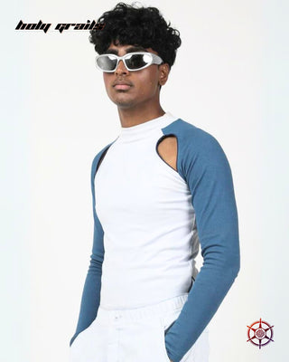 Guy In Streetwear Style 'Arctic Wave'  Blue White 300 GSM Cotton Lycra 1x1 Ribbed Knit Keyhole Top HG x Duskin - Front Side 2