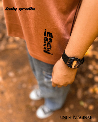 Guy In Streetwear Style 'Tawny Brown' 210 GSM 100% Cotton Oversize Graphic Tee HG x Unus Imaginari - Front Print Close