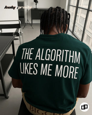Gut Sitting in Street Style 'Algorithm Likes Me More' Green 240 GSM 100% Cotton Puff Printed Oversize T-Shirt HG x Grey Hound - Back Close Up