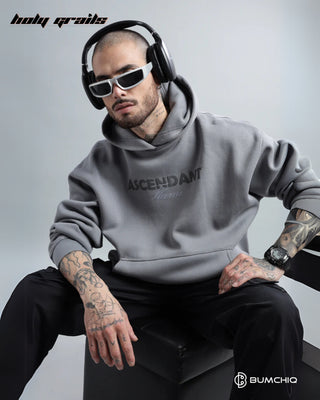 Guy Sitting in Streetwear 'Ascendant' Grey 350-370GSM 100% Cotton Puff Print Oversize Hoodie HG x Bumchiq - Front