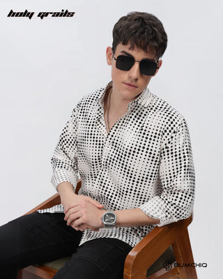 Guy Sitting on Chair in Streetwear 'Black Dotted Abstract' White Imported Fabric Full Sleeve Slim Fit Shirt HG x Bumchiq - Front