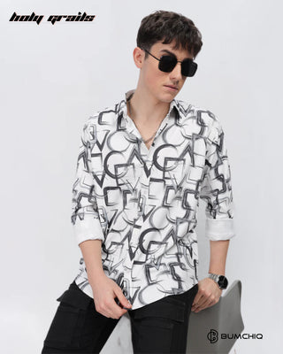 Guy Sitting on Chair in Streetwear 'Black Geometrical' White 80% Cotton 20% Polyester Full Sleeve Slim Fit Shirt HG x Bumchiq - Front