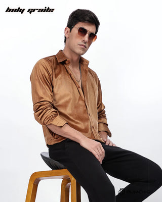 Guy Sitting on Chair with Shades in Streetwear 'Pleat Creased' Beige Solid Polyester Full Sleeve Slim FIt Shirt HG x Bumchiq - Front Side