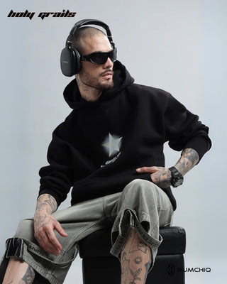 Guy Sitting in Streetwear 'Star' Black 350-370 GSM 100% Cotton DTF Print Oversize Hoodie HG x Bumchiq - Front