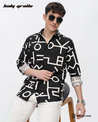 Guy Sitting on Chair in Streetwear 'White Abstract' Black Imported Fabric Slim Fit Full Sleeve Shirt HG x Bumchiq - Front 