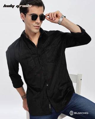 Guy Sitting on Chair in Streetwear Style 'Black Twill' Pattern Cotton Double Pocket Full Sleeve Solid Shirt HG x Bumchiq - Front