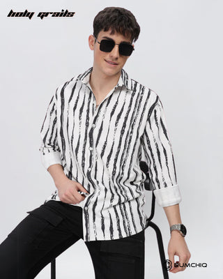 Guy Sitting on Chair in Streetwear 'Black Line Abstract' 80% Cotton 20% Polyester Full Sleeve Skin Fit Shirt HG x Bumchiq - Front