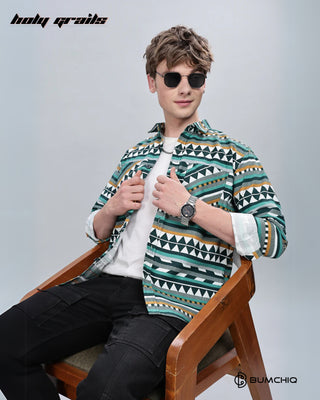 Guy Sitting on Chair in Streetwear 'Green Aztec' Full Sleeve 70% Cotton 30% Polyester Overshirt HG x Bumchiq - Front