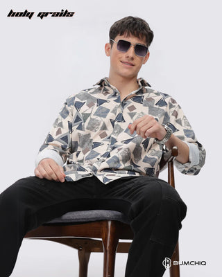 Guy Sitting on Chair in Streetwear 'Multi Abstract' Beige Polycotton Full Sleeve Slim Fit Shirt HG x Bumchiq - Front