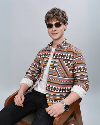 Guy Sitting on Chair in Streetwear 'Orange Aztec' Full Sleeve 70% Cotton 30% Polyester Overshirt HG x Bumchiq - Front