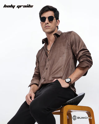 Guy Sitting on Chair with Shades in Streetwear 'Pleat Creased' Brown Polyester Full Sleeve Slim Fit Shirt HG x Bumchiq - Front Side 1